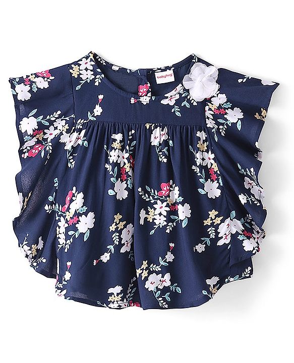 Babyhug Rayon Half Sleeves Flutter Woven Top with Floral Corsage Detailing & Print - Navy Blue