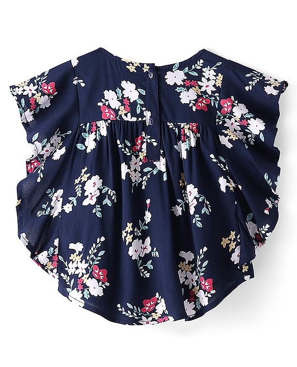 Babyhug Rayon Half Sleeves Flutter Woven Top with Floral Corsage Detailing & Print - Navy Blue