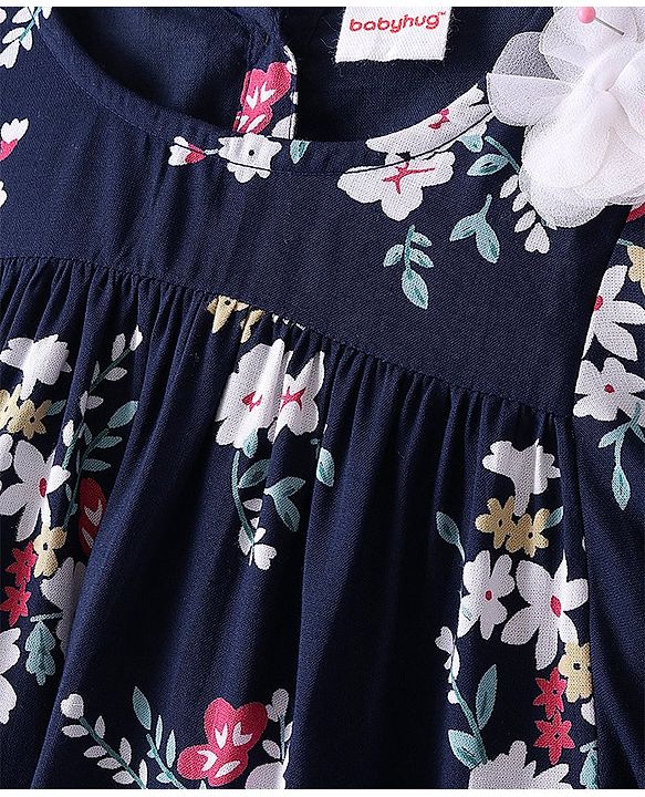Babyhug Rayon Half Sleeves Flutter Woven Top with Floral Corsage Detailing & Print - Navy Blue