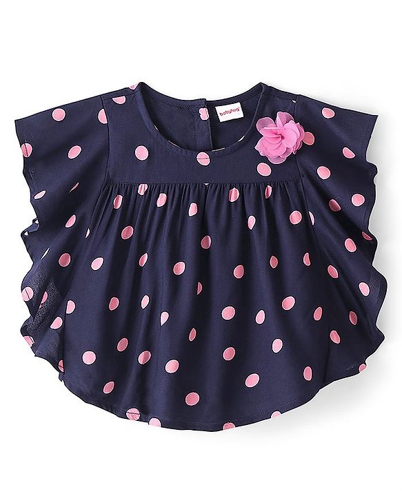 Babyhug Rayon Half Sleeves Woven Top with Floral Corsage Detailing & Dots Print - Navy Blue