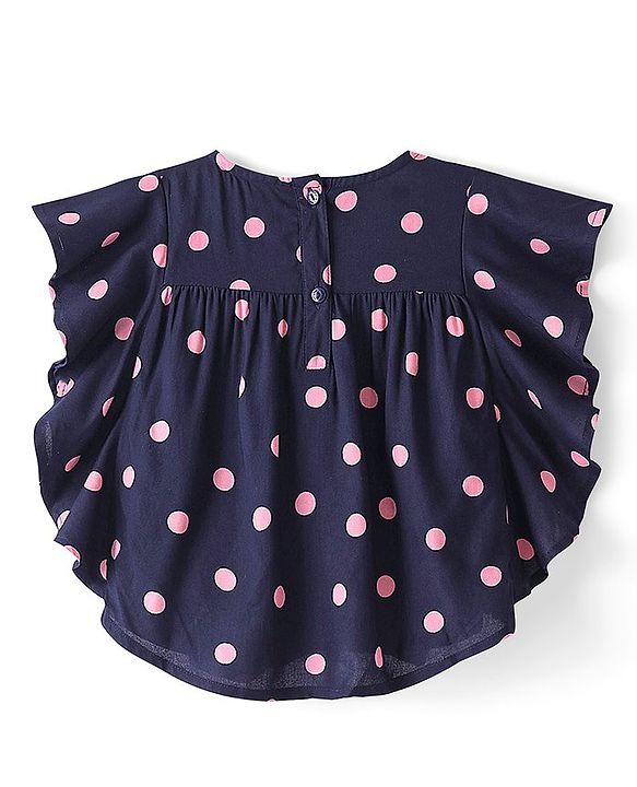 Babyhug Rayon Half Sleeves Woven Top with Floral Corsage Detailing & Dots Print - Navy Blue