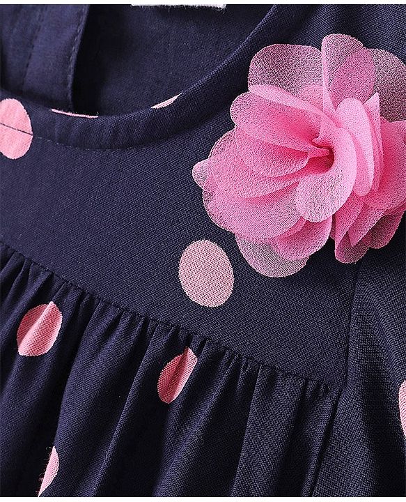 Babyhug Rayon Half Sleeves Woven Top with Floral Corsage Detailing & Dots Print - Navy Blue