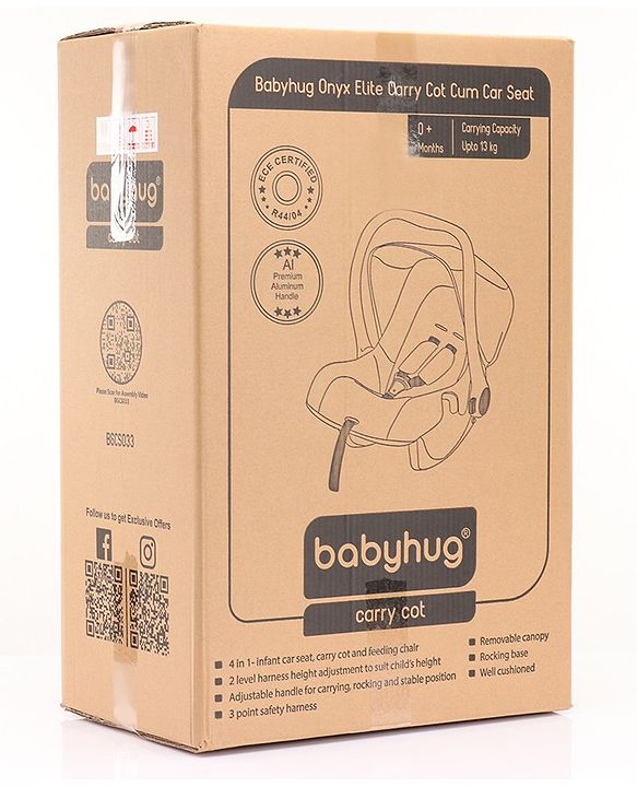 Babyhug Onyx Elite Car Seat cum Carry Cot with Rocking Base and aluminium handle - Grey & Green