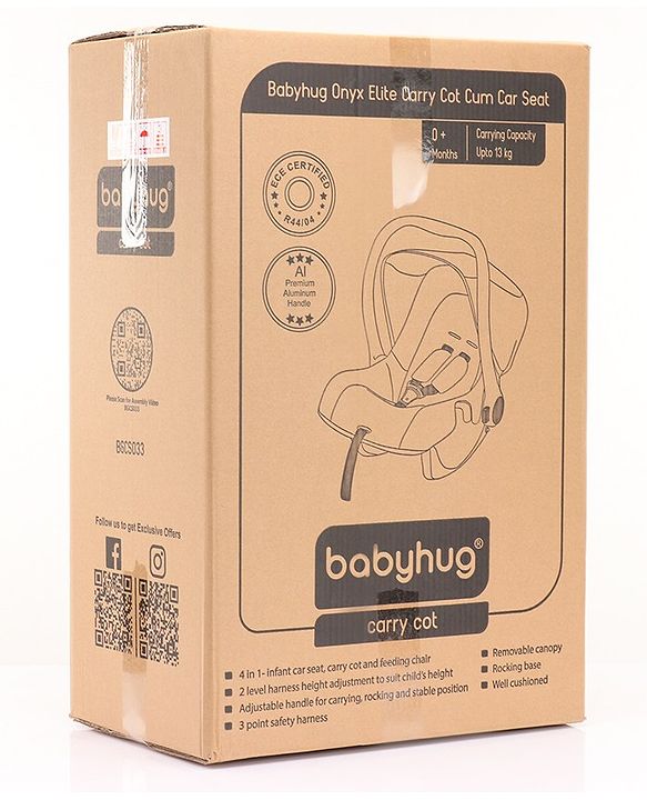 Babyhug Onyx Elite Car Seat cum Carry Cot with Rocking Base and aluminium handle - Grey & Green