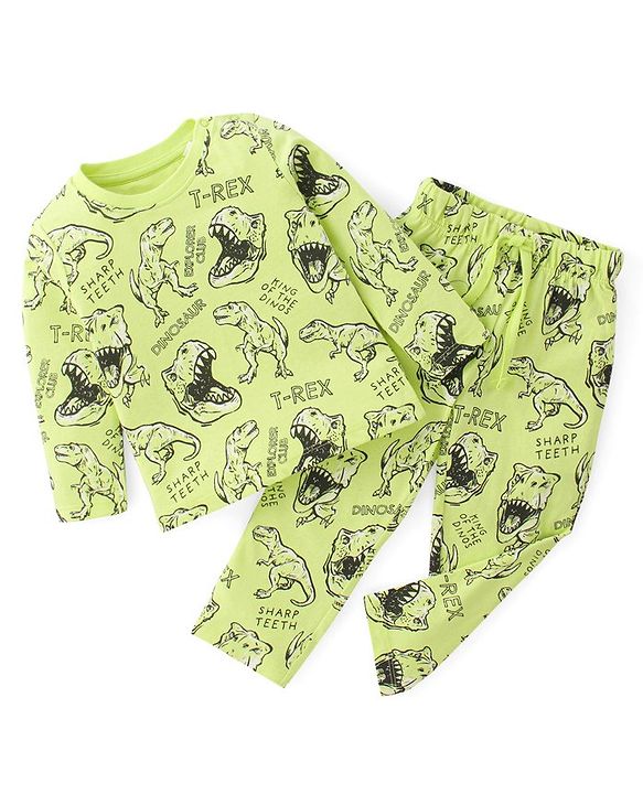 Babyhug Cotton Knit Full Sleeves Dino Printed Night Suit - Green