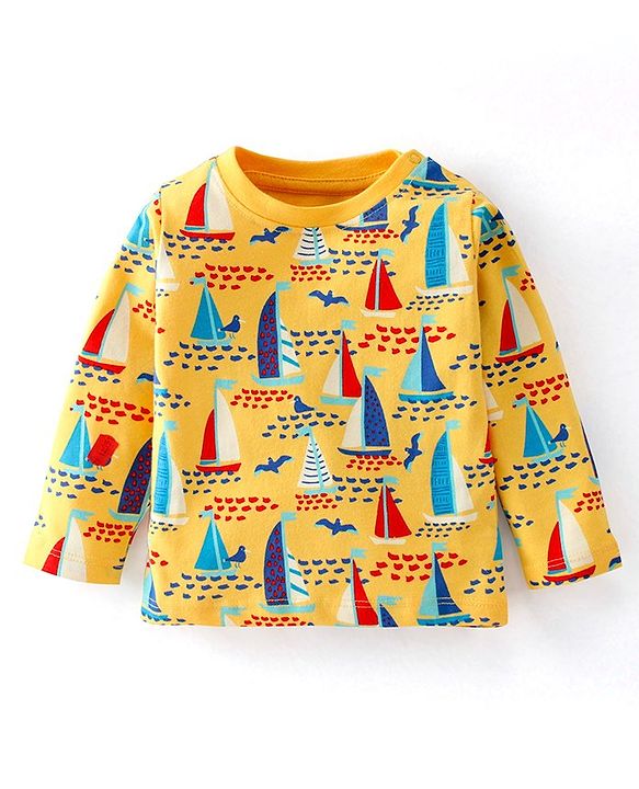 Babyhug Cotton Interlock Knit Full Sleeves Night Suit With Boat Print - Yellow