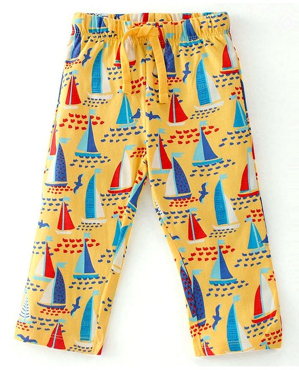 Babyhug Cotton Interlock Knit Full Sleeves Night Suit With Boat Print - Yellow