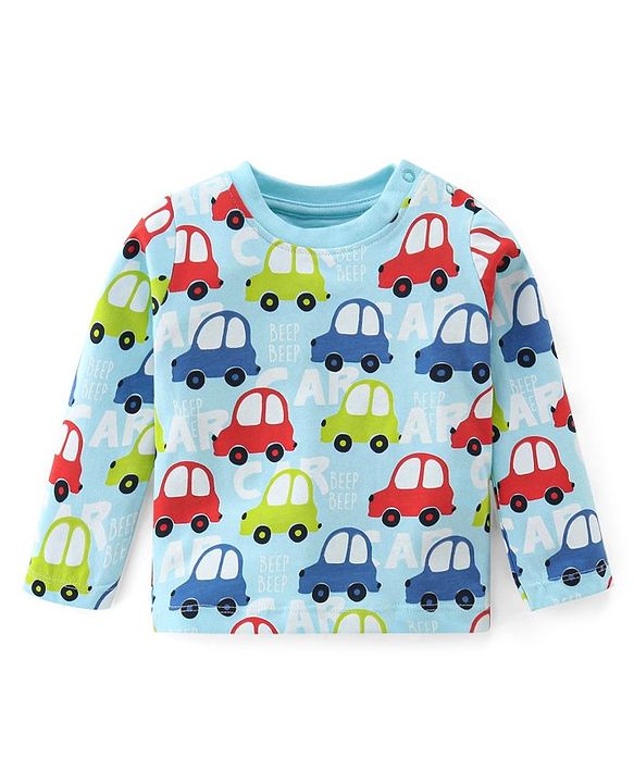 Babyhug Cotton Single Jersey Knit Full Sleeves Night Suit Car Print - Blue