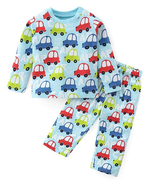Babyhug Cotton Single Jersey Knit Full Sleeves Night Suit Car Print - Blue