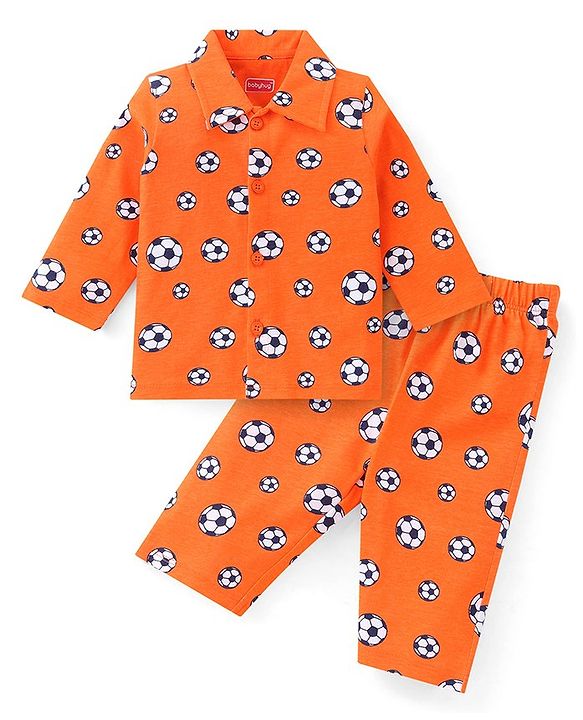 Babyhug Cotton Knit Full Sleeves Footballs Print Night Suit - Orange