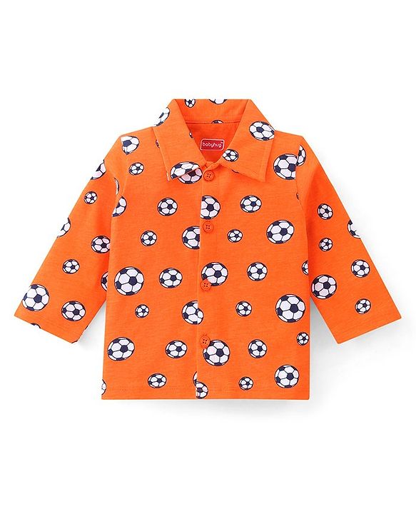 Babyhug Cotton Knit Full Sleeves Footballs Print Night Suit - Orange