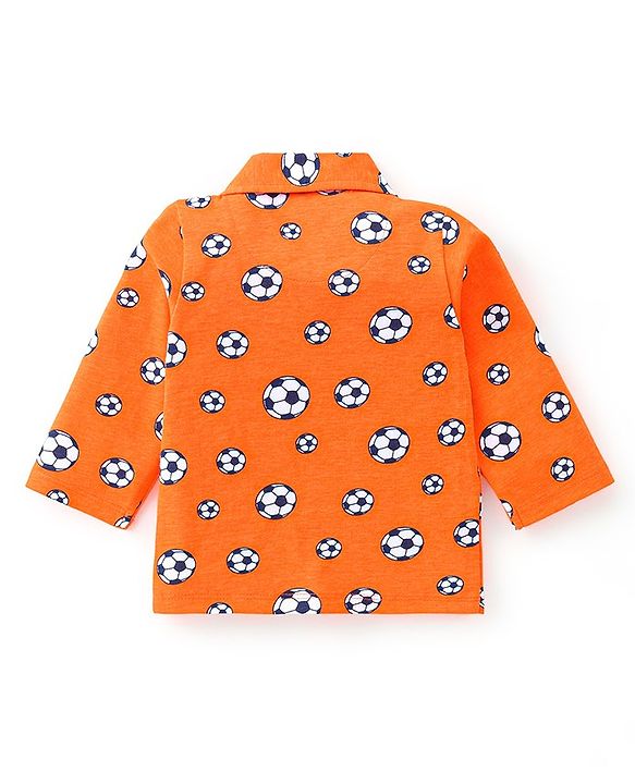 Babyhug Cotton Knit Full Sleeves Footballs Print Night Suit - Orange
