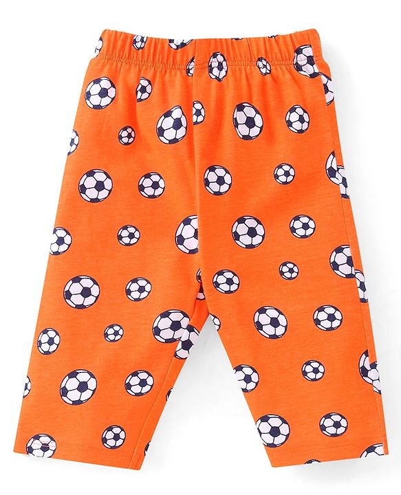 Babyhug Cotton Knit Full Sleeves Footballs Print Night Suit - Orange