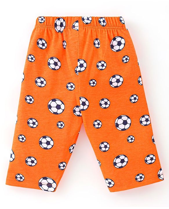 Babyhug Cotton Knit Full Sleeves Footballs Print Night Suit - Orange