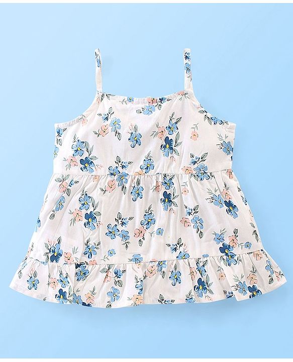 Babyhug Rayon Woven Sleeveless Top with Corsage Detailing &  Floral Print - White & Blue