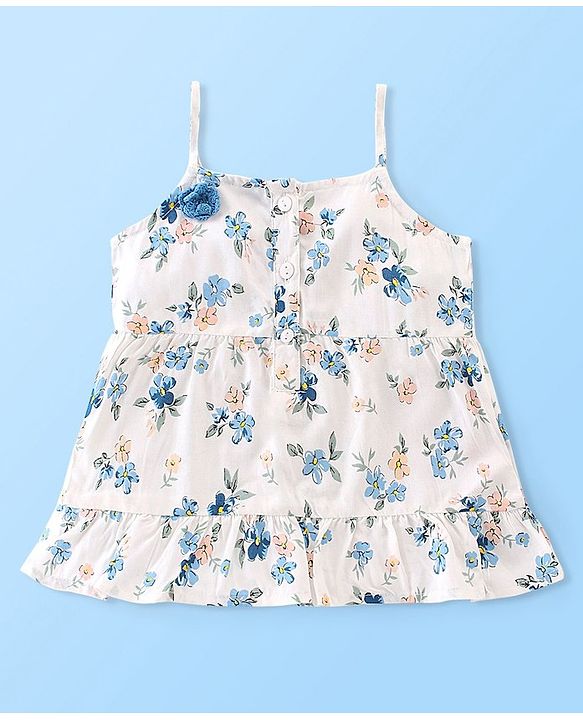 Babyhug Rayon Woven Sleeveless Top with Corsage Detailing &  Floral Print - White & Blue