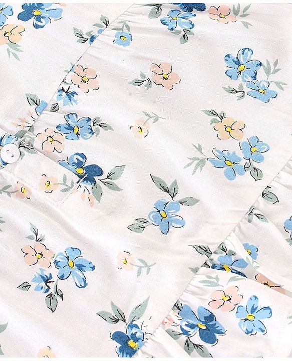Babyhug Rayon Woven Sleeveless Top with Corsage Detailing &  Floral Print - White & Blue