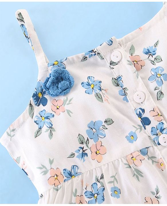Babyhug Rayon Woven Sleeveless Top with Corsage Detailing &  Floral Print - White & Blue