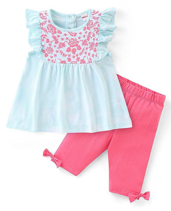 Babyhug Half Sleeves 100% Cotton Top and Capri With Floral Embellished - Blue & Pink