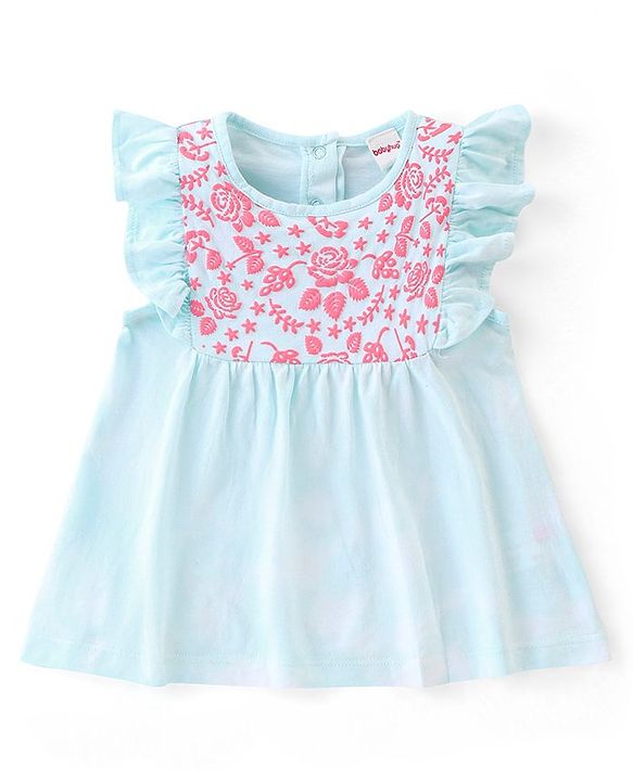 Babyhug Half Sleeves 100% Cotton Top and Capri With Floral Embellished - Blue & Pink
