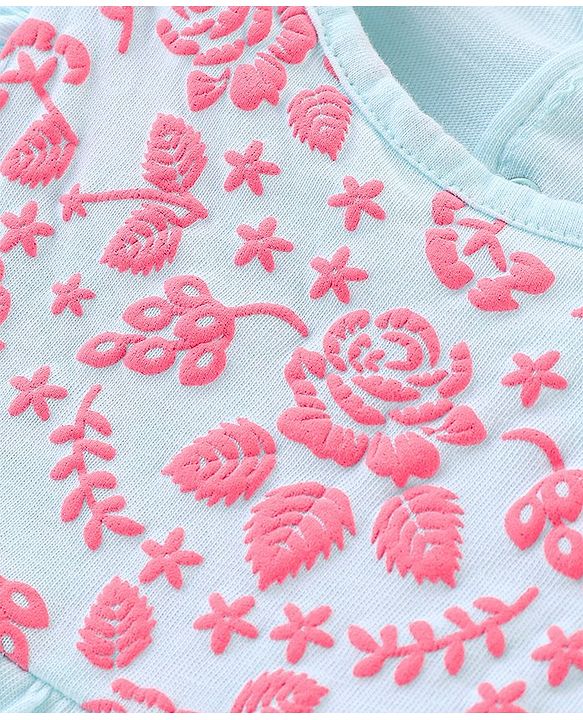 Babyhug Half Sleeves 100% Cotton Top and Capri With Floral Embellished - Blue & Pink