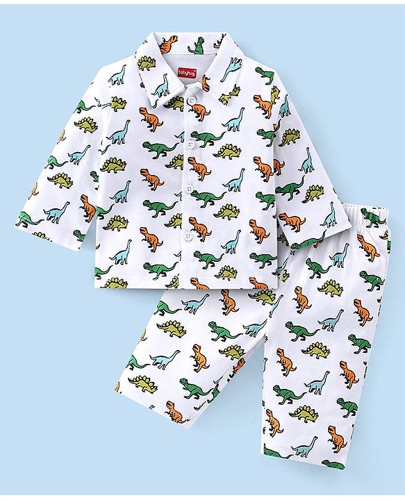 Babyhug Cotton Single Jersey Knit Full Sleeves Night Suit Dino Print - White