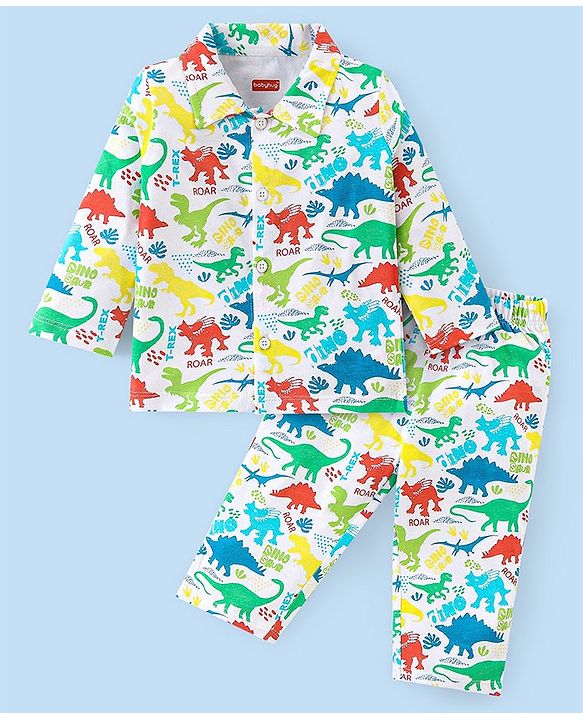 Babyhug Cotton Knit Full Sleeves Night Suit With Dino Print - White