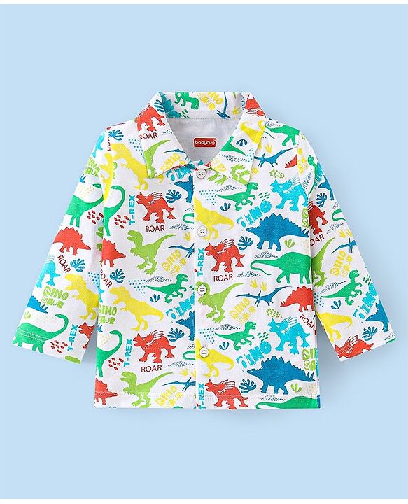 Babyhug Cotton Knit Full Sleeves Night Suit With Dino Print - White
