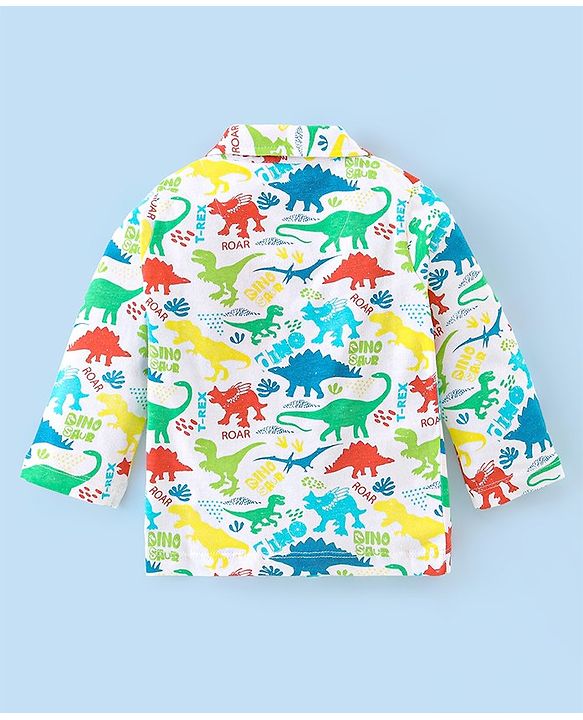 Babyhug Cotton Knit Full Sleeves Night Suit With Dino Print - White