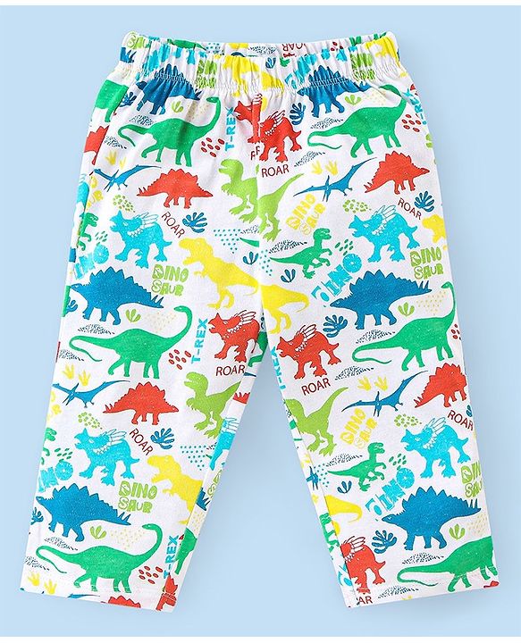 Babyhug Cotton Knit Full Sleeves Night Suit With Dino Print - White