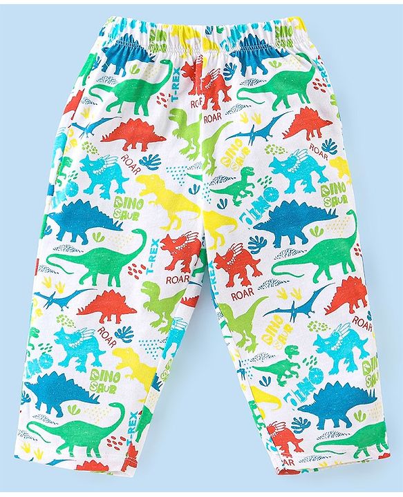 Babyhug Cotton Knit Full Sleeves Night Suit With Dino Print - White