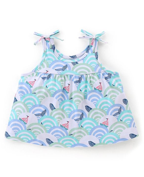 Babyhug 100% Cotton Singlet Sleeveless Top With Waves Graphics- White & Blue