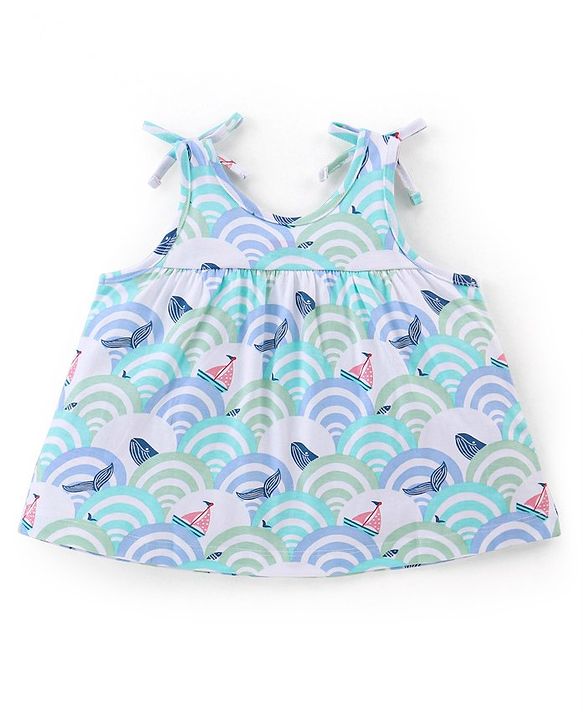 Babyhug 100% Cotton Singlet Sleeveless Top With Waves Graphics- White & Blue