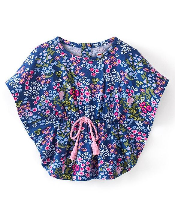 Babyhug Cotton Knit Half Sleeves Kaftan Top with Floral Print & Tassel Detailing - Blue & Purple