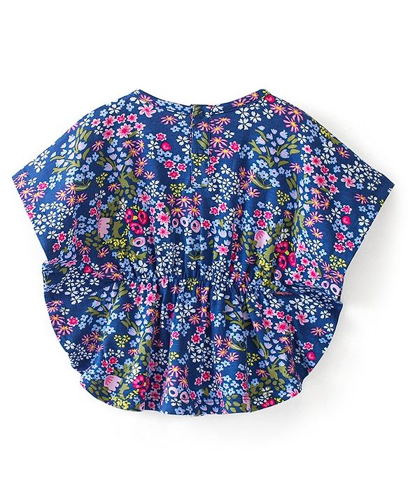 Babyhug Cotton Knit Half Sleeves Kaftan Top with Floral Print & Tassel Detailing - Blue & Purple