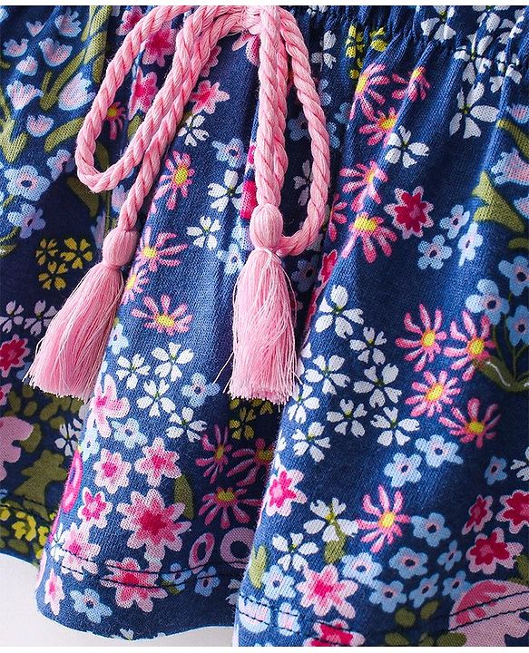 Babyhug Cotton Knit Half Sleeves Kaftan Top with Floral Print & Tassel Detailing - Blue & Purple