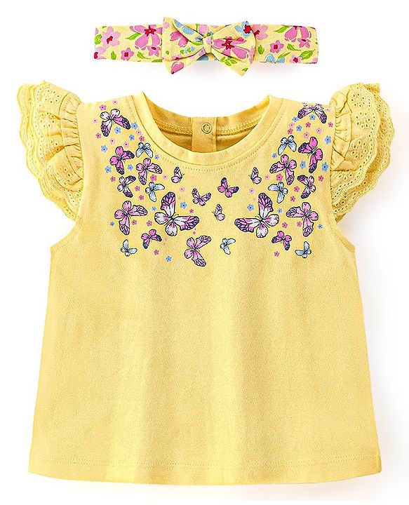 Babyhug Cotton Knit Half Sleeves T-Shirt with Frill Detailing & Headband Floral Print - Yellow