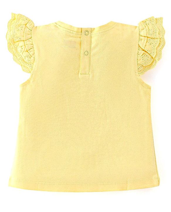 Babyhug Cotton Knit Half Sleeves T-Shirt with Frill Detailing & Headband Floral Print - Yellow