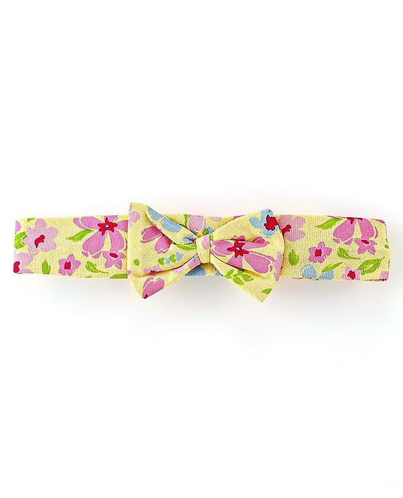Babyhug Cotton Knit Half Sleeves T-Shirt with Frill Detailing & Headband Floral Print - Yellow