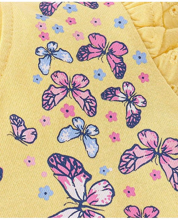 Babyhug Cotton Knit Half Sleeves T-Shirt with Frill Detailing & Headband Floral Print - Yellow