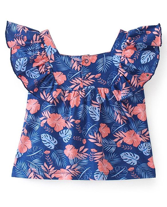 Babyhug 100% Cotton Knit Half Sleeves Top with Frill Detailing & Floral Print - Blue & Pink