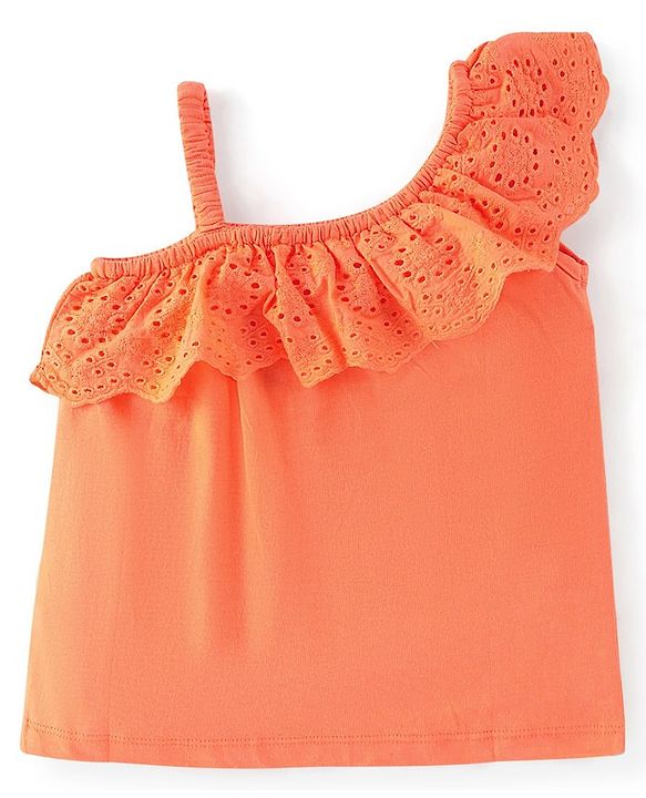 Babyhug 100% Cotton Sleeveless Asymmetrical Top with Schifilli Detailing - Orange