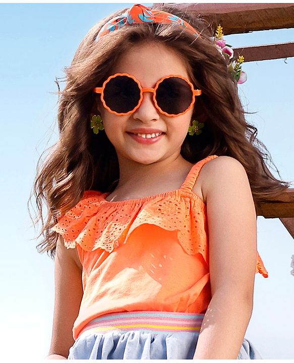 Babyhug 100% Cotton Sleeveless Asymmetrical Top with Schifilli Detailing - Orange