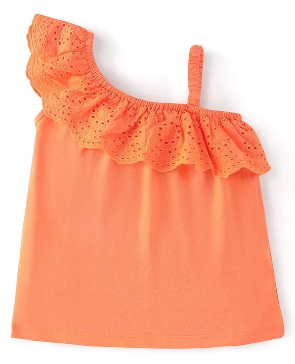 Babyhug 100% Cotton Sleeveless Asymmetrical Top with Schifilli Detailing - Orange