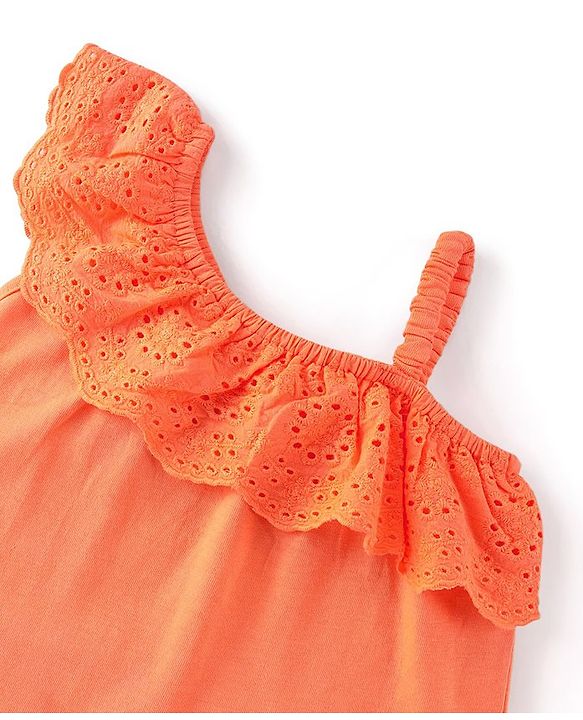 Babyhug 100% Cotton Sleeveless Asymmetrical Top with Schifilli Detailing - Orange