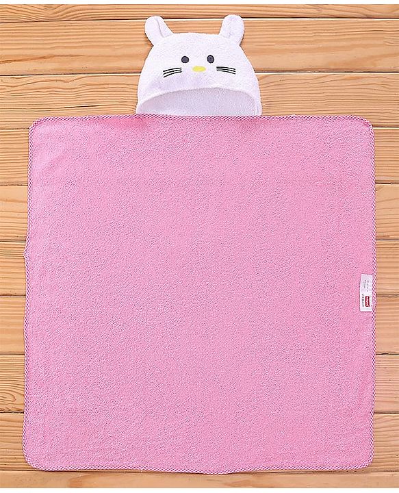 Babyhug Terry Woven Hooded Towel Kitten Print L 76 x B 76 cm - Pink & White