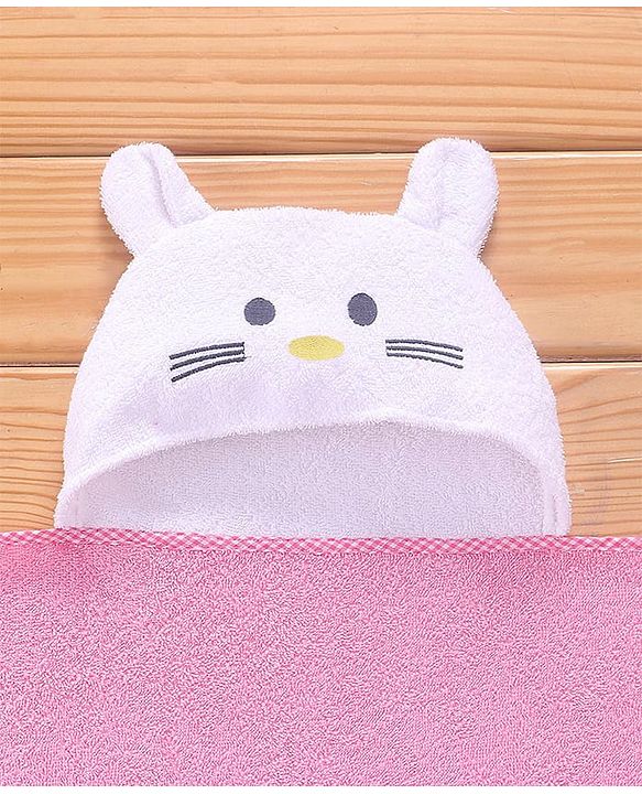Babyhug Terry Woven Hooded Towel Kitten Print L 76 x B 76 cm - Pink & White