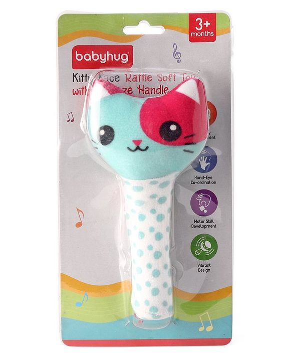 Babyhug Kitty Face Rattle Soft Toy with Squeeze Handle - Multicolor
