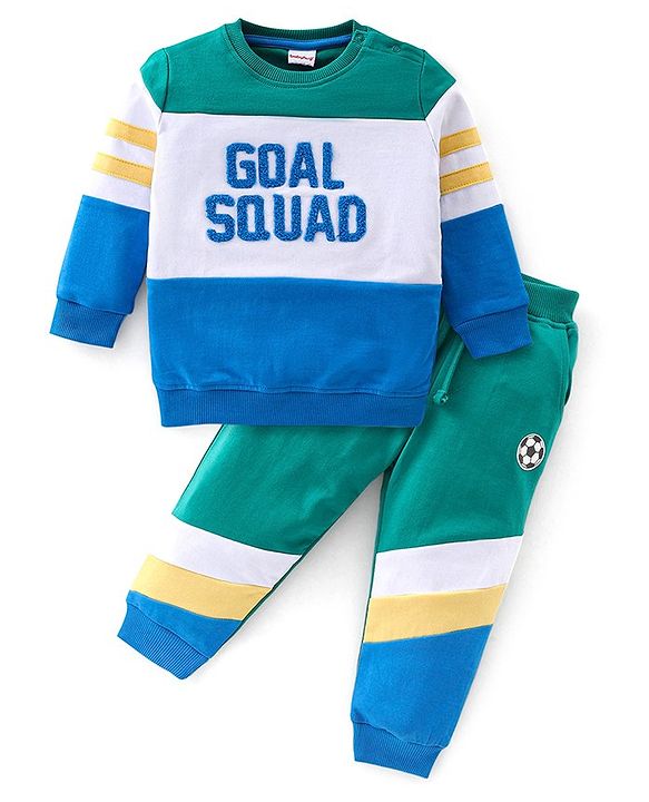 Babyhug 100% Cotton Full Sleeves T-Shirt & Lounge Pants With Text Embroidery - Green & Blue