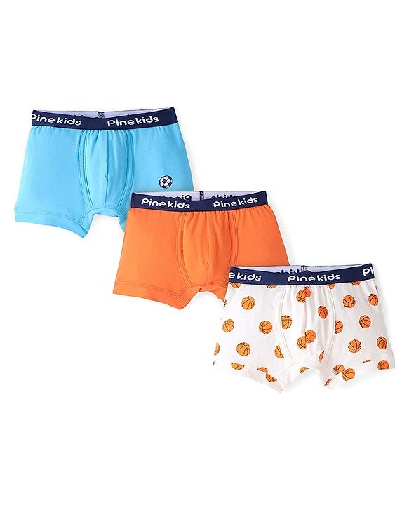 Pine Kids Cotton Spandex Knit Boxers With Basketball Print Pack of 3 - Blue White & Orange